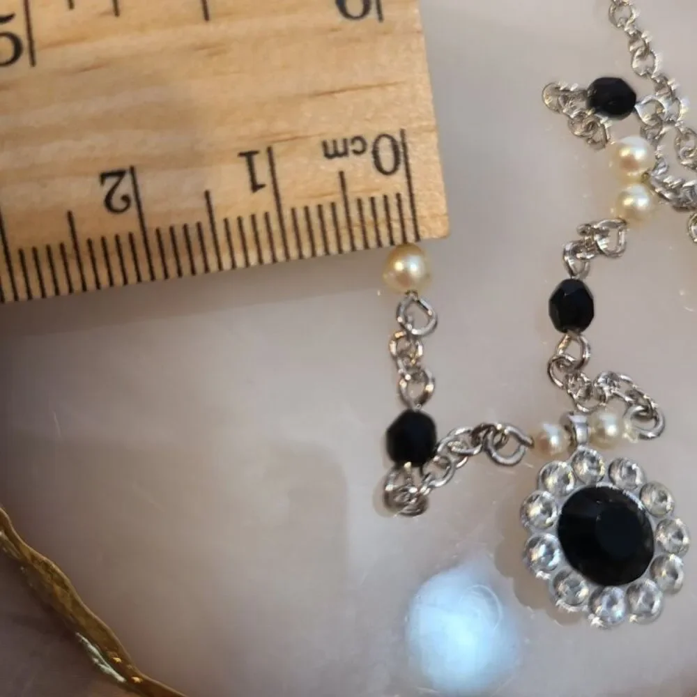 Vintage Marvella Black Faux Pearl Rhinestone Halo Pendant Necklace 18